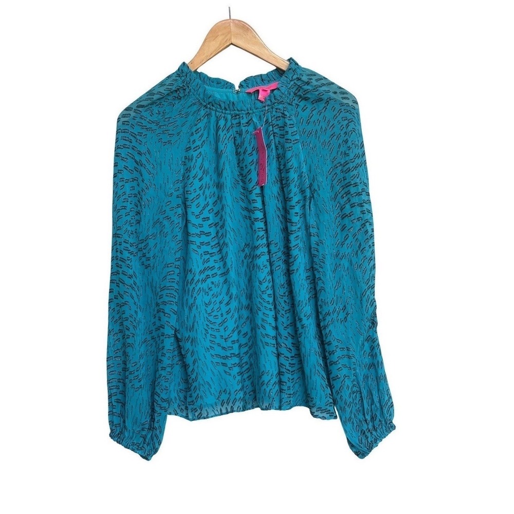 NWT Lilly Pulitzer Caline Silk Swirl Clip Blouse Teal Bay Blue Metallic Small